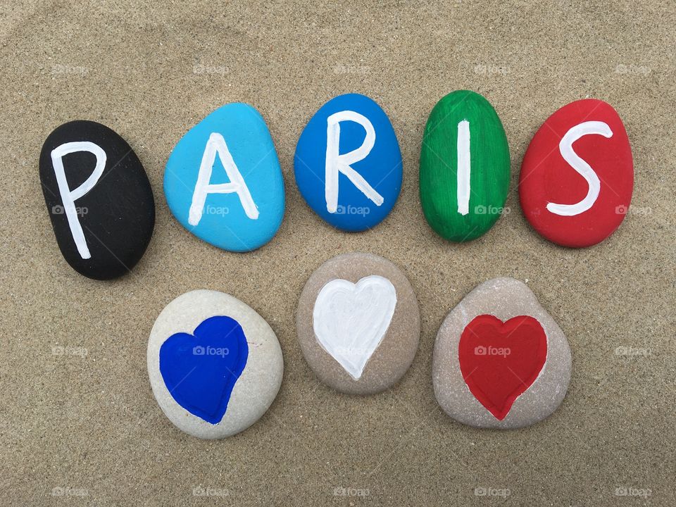 Paris my love with french flag colors on three stone hearts
