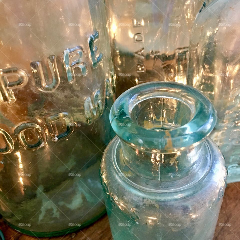 Antique aqua glass bottles 