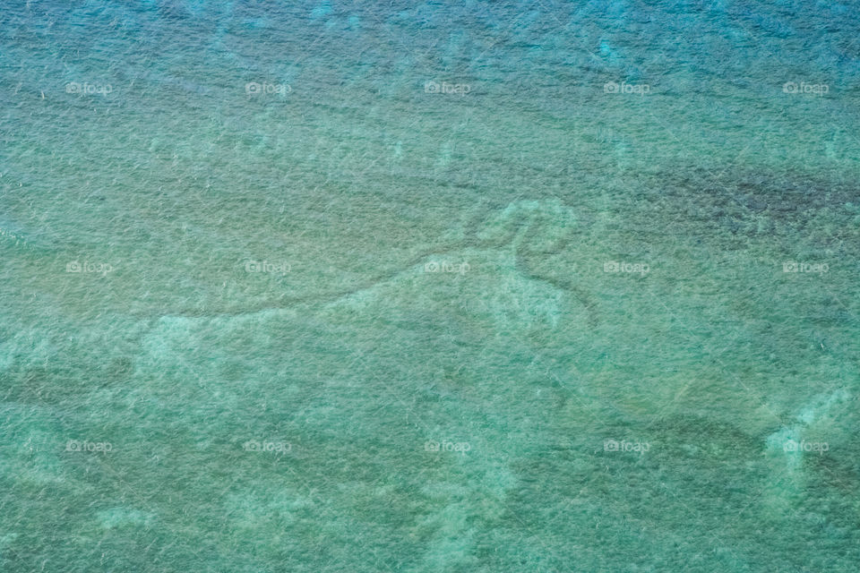 Aerial of shallow ocean with a fish trap on ocean bottom 