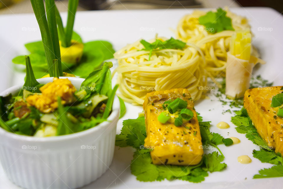 THE DINNER OF PASTA AND GRILLED SALMON