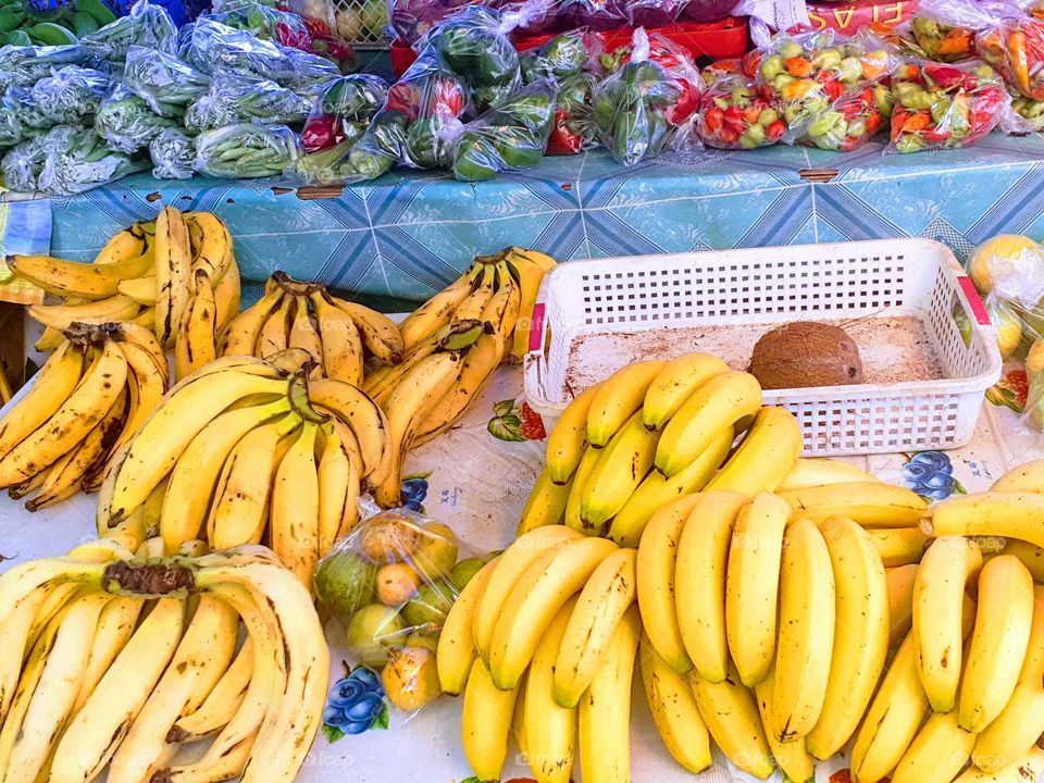 ripe plantains and bananas in the market