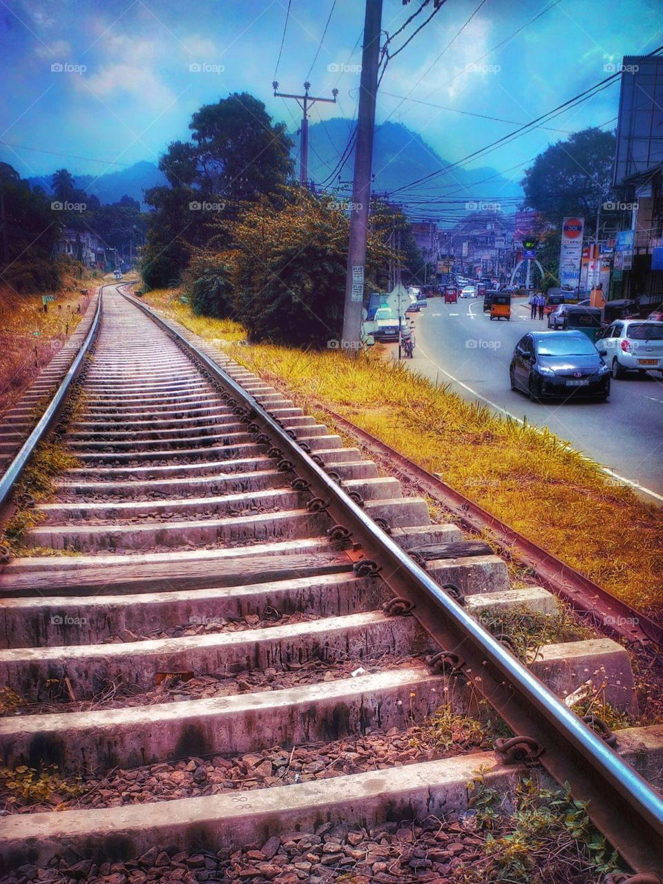 railway line and highway road with natural view