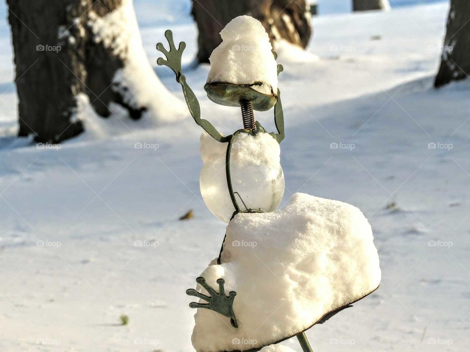 Snow covered yard art