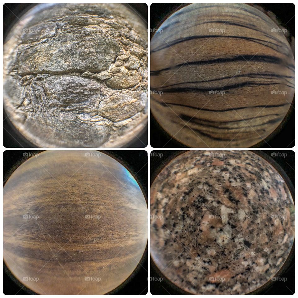 Various surfaces viewed through a fish eye lens, giving the appearance of celestial bodies