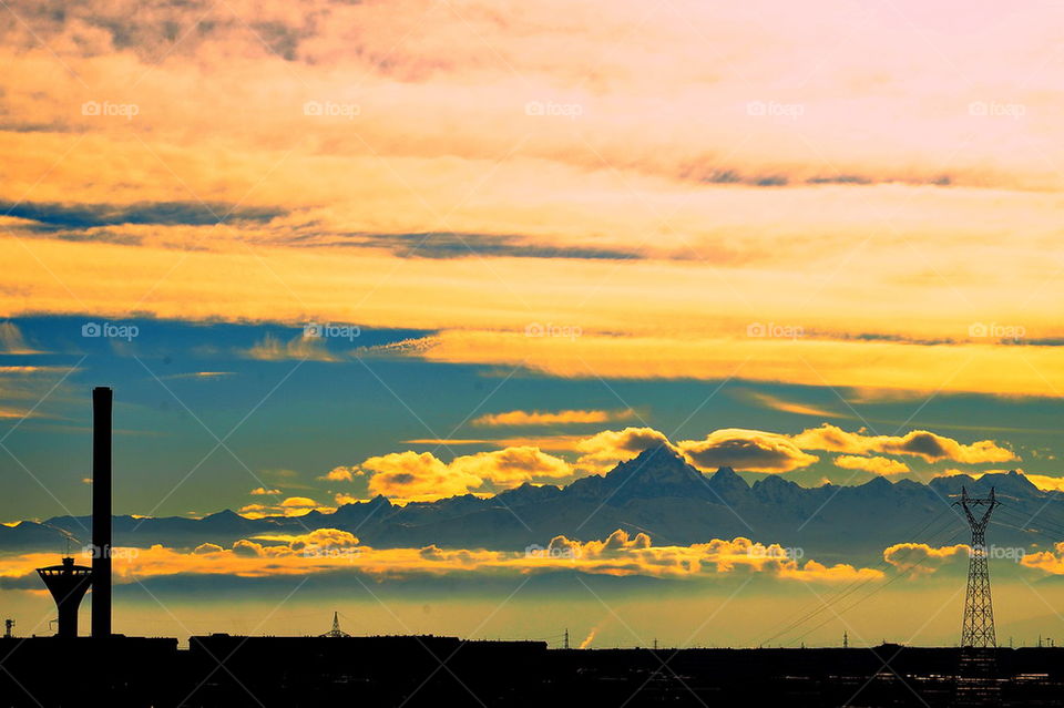 sunset, clouds, mountains, colors, outdoor, roof, skyline,