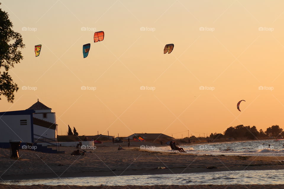 Summer, sunset, kitesurf, people, beach, water sports, landscape 