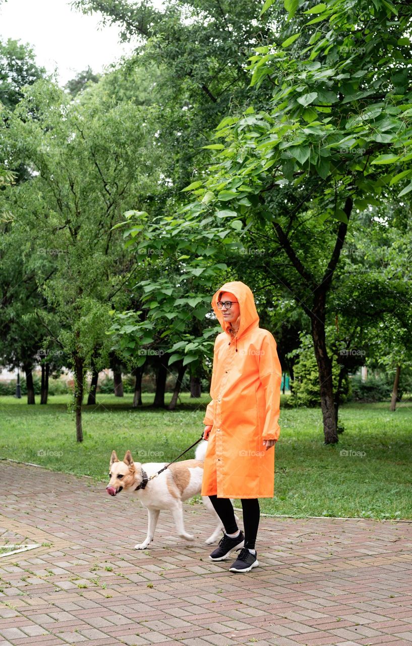 woman walking the dog in rainy day