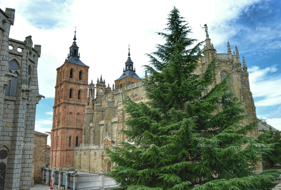 View of Astorga cathedral. Astorga cathedral and Episcopal Palace on the left. Astorga, Spain.