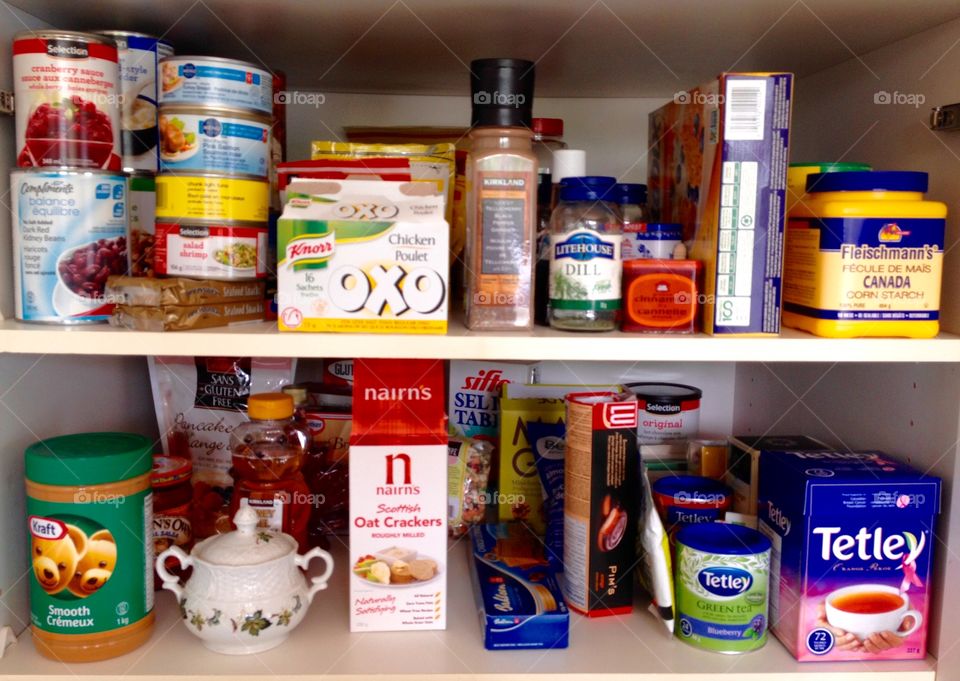 Home Pantry. Food in our pantry at home mainly dry goods including cookies, biscuits and baking supplies.