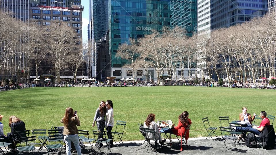 Bryant Park . Signs were posted on the grassy area of Bryant Park in NYC saying "Keep Off The Grass - New Sod"