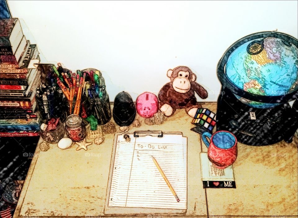 My son's desk. desk from above with comic effect