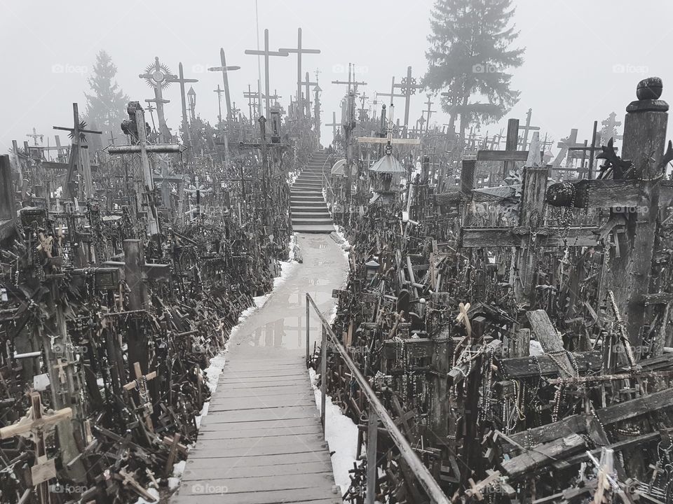 misty afternoon at the hill of crosses, Siauliai, Lithuania