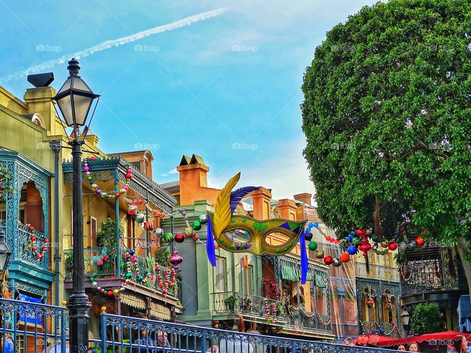 Mardi Gras decorations on Bourbon Street