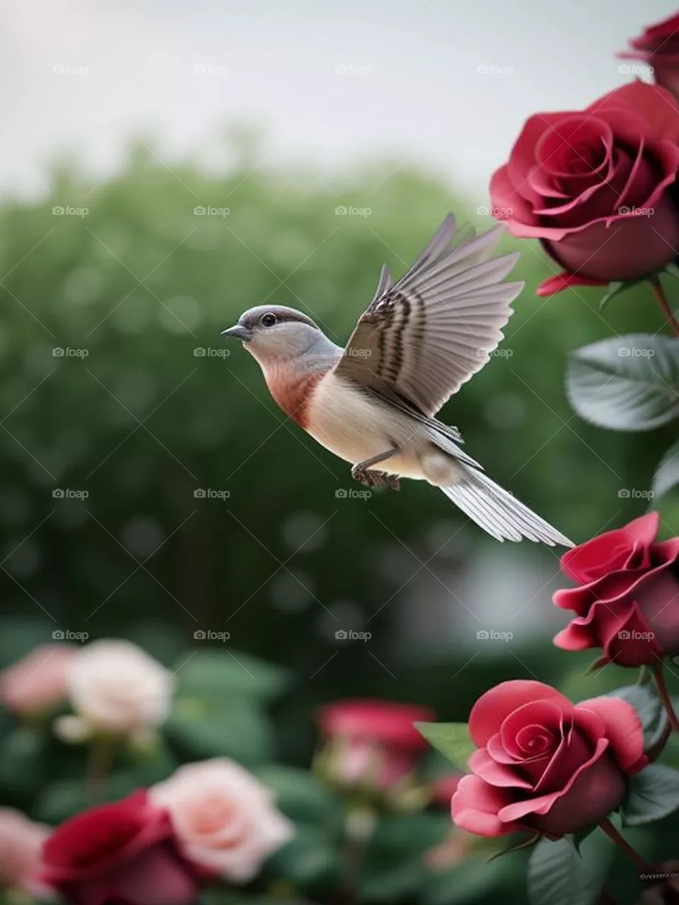A beautiful bird fluttering among the roses