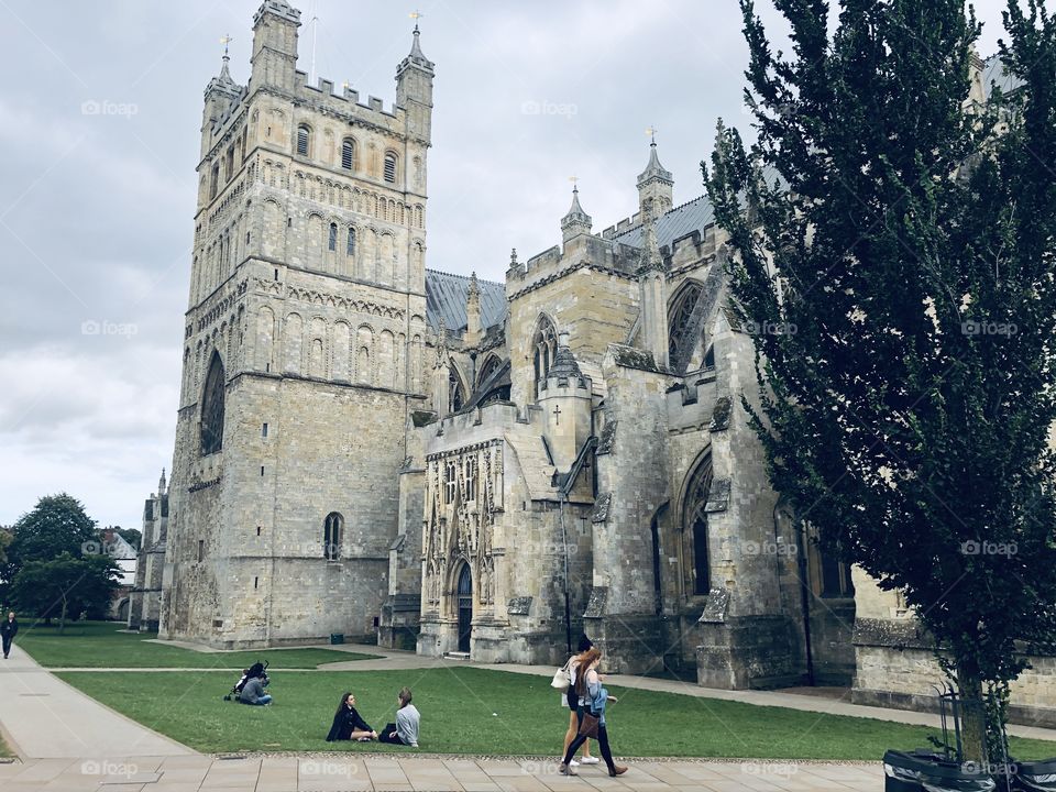 Left hand side view of Exeter Cathedral in late August and with the city short on sunshine.