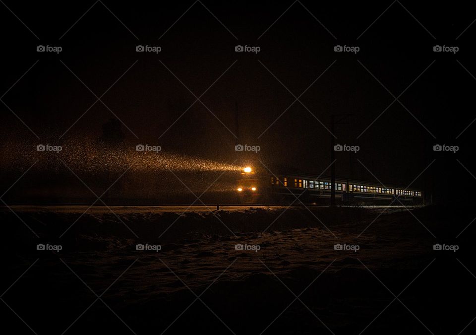 Night train in snowfall