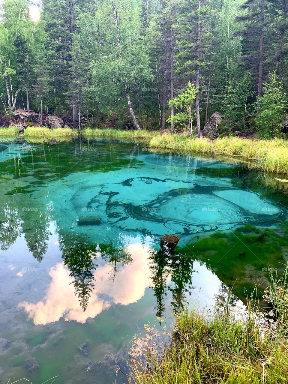 Geyser lake.  Siberia.  Altai.  Russia.  Mobile photo.