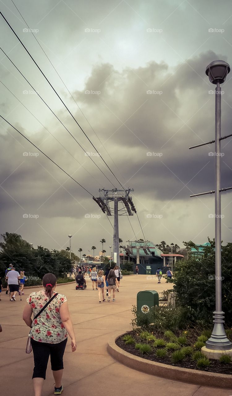 Storm is coming as we arrive at Hollywood Studios in Disney World. Also shown, the new gondola that will take people from hotels to the parks and Epcot.