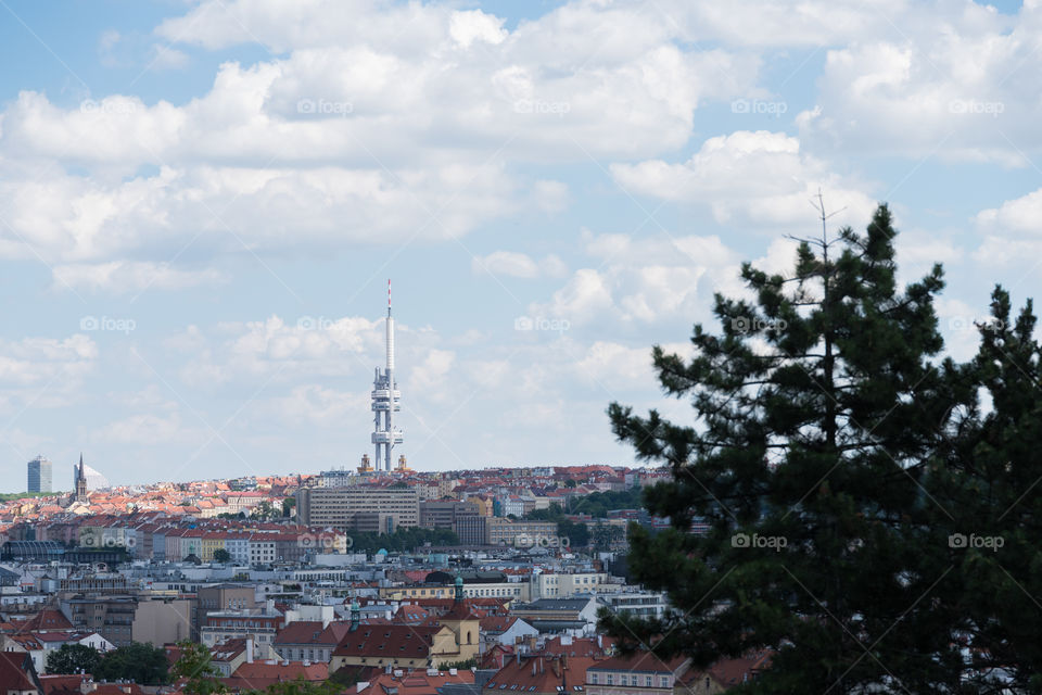 Prague city view or skyline from direction of Petrin park in Prague, Czech Republic on cloudy summer day.