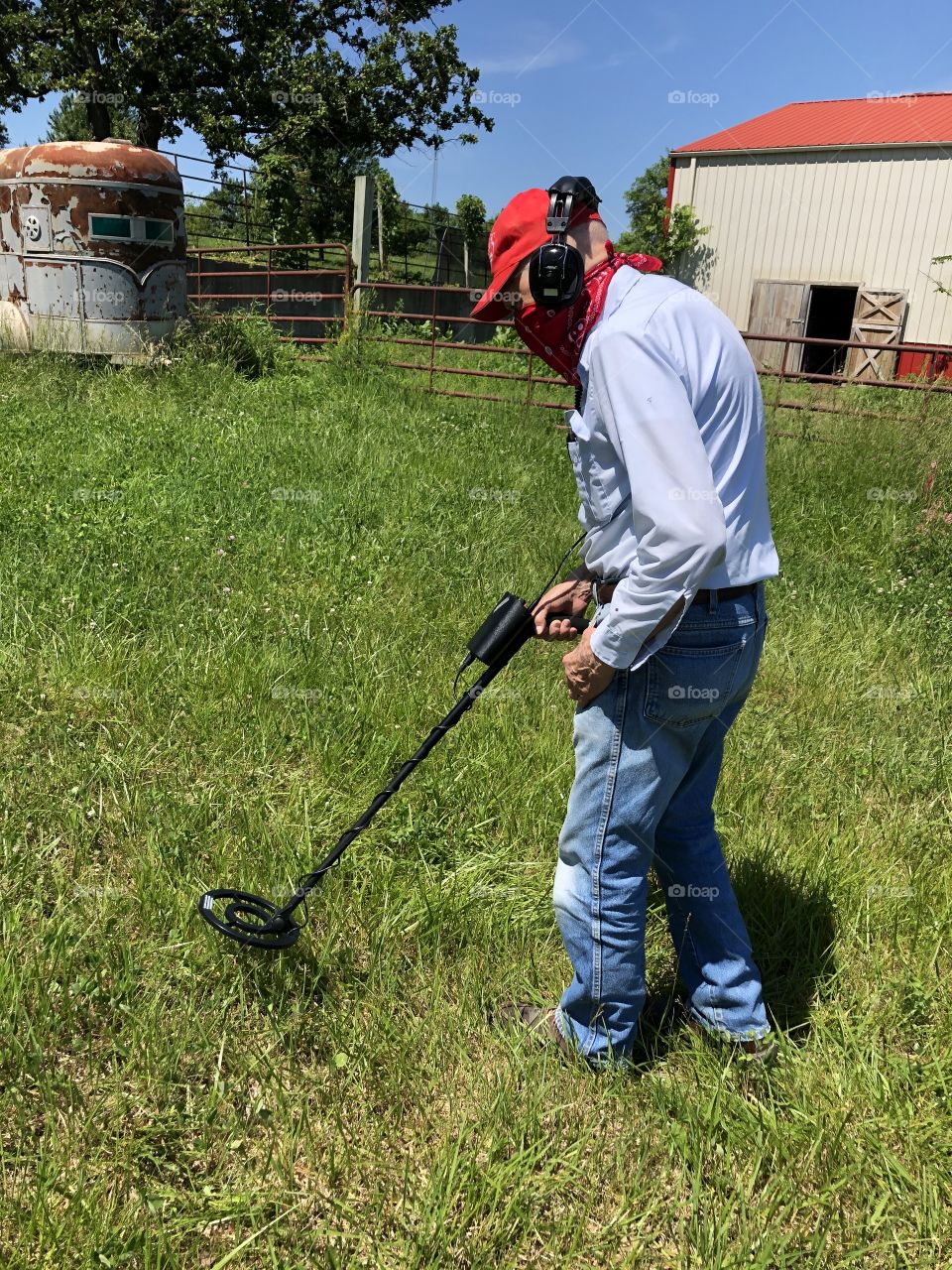 Metal detector, detecting, detectorist, grass, searching, man, old, day, bright, walking