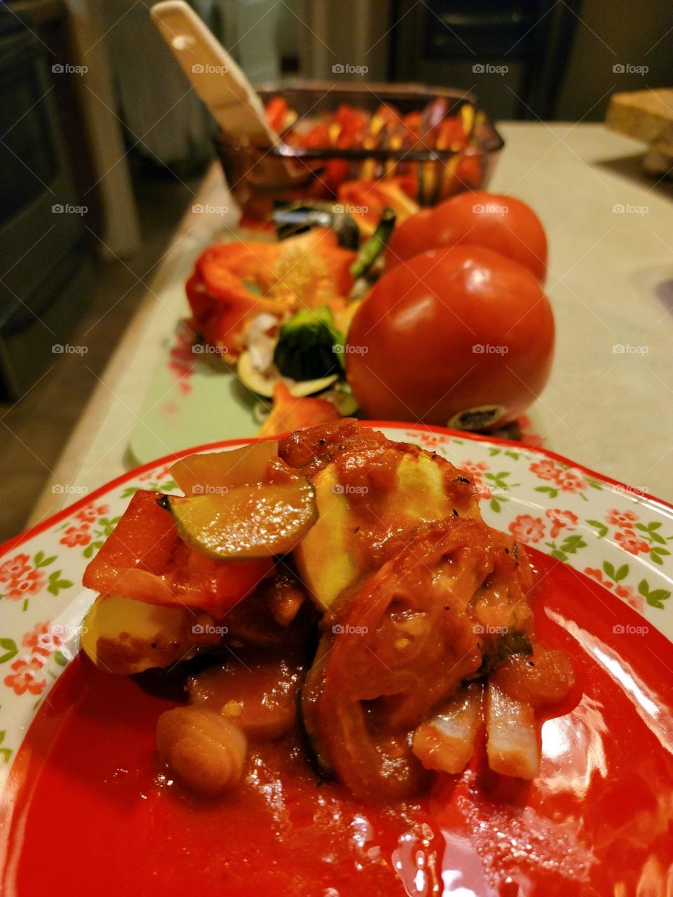 licious Ratatouille! delicious Ratatouille! with fresh tomatoes squash zucchini red and green bell peppers and sweet onion fresh herbs and spices! a colorful delicious healthy delight!