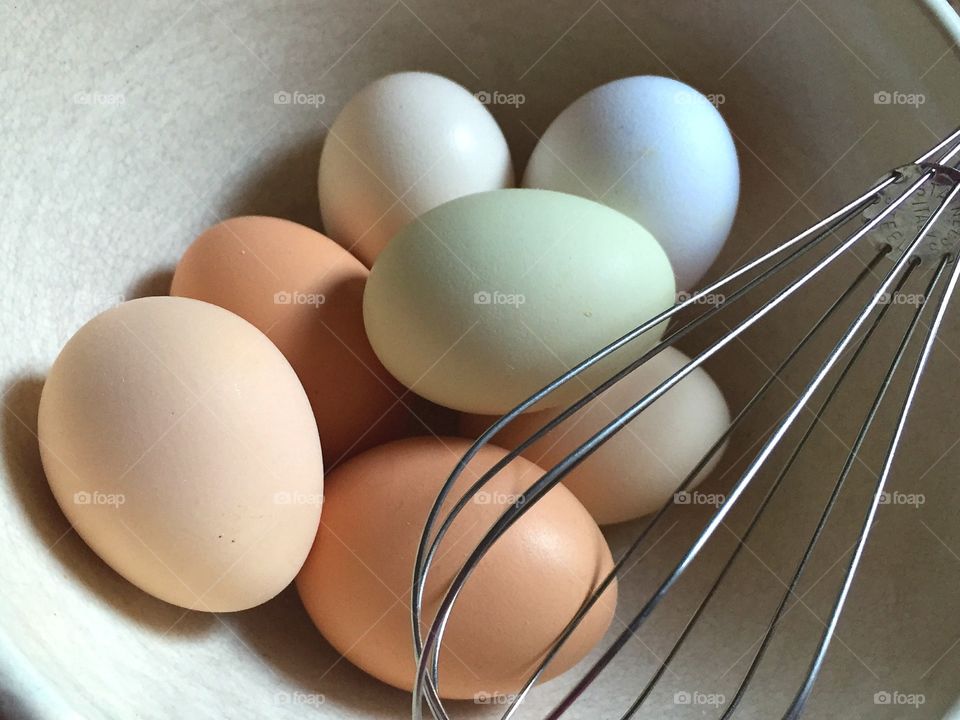 Backyard Breakfast. Colorful eggs from the local henhouse 