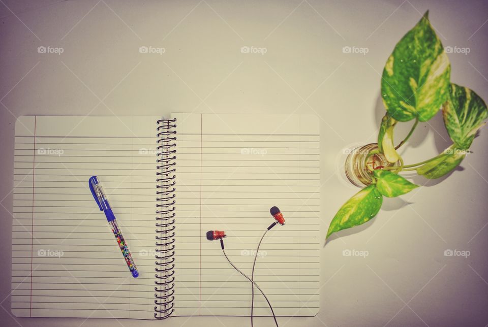 Notebook, pen, cell phone, headphones, plant, Rubik cube, study, student