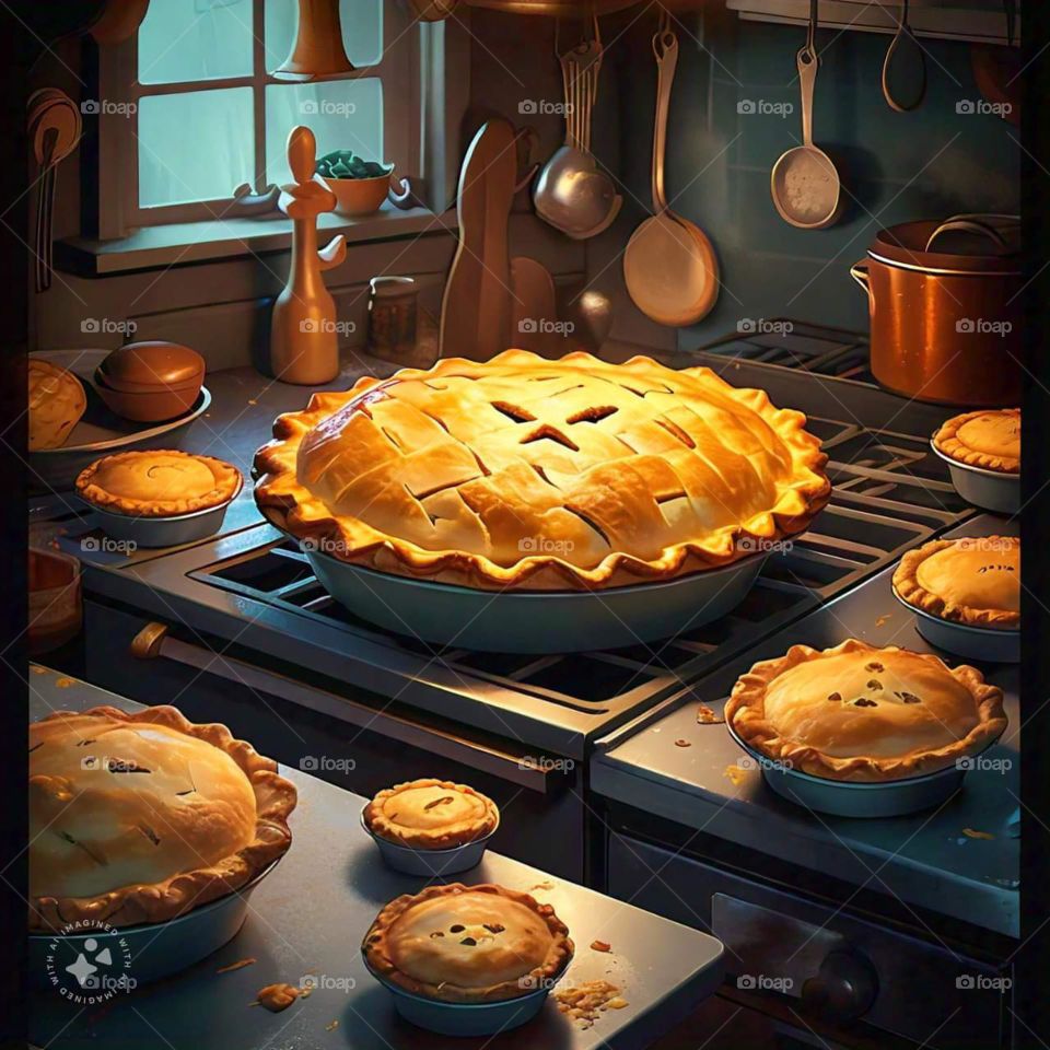 Pies in the kitchen, freshly baked pies sitting out to cool, making pies in the kitchen, AI pies 