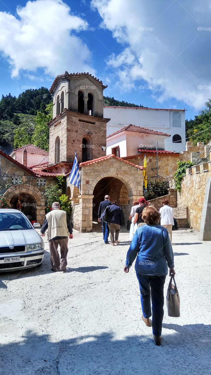 Elderly people arriving in St Vlasios,Greece