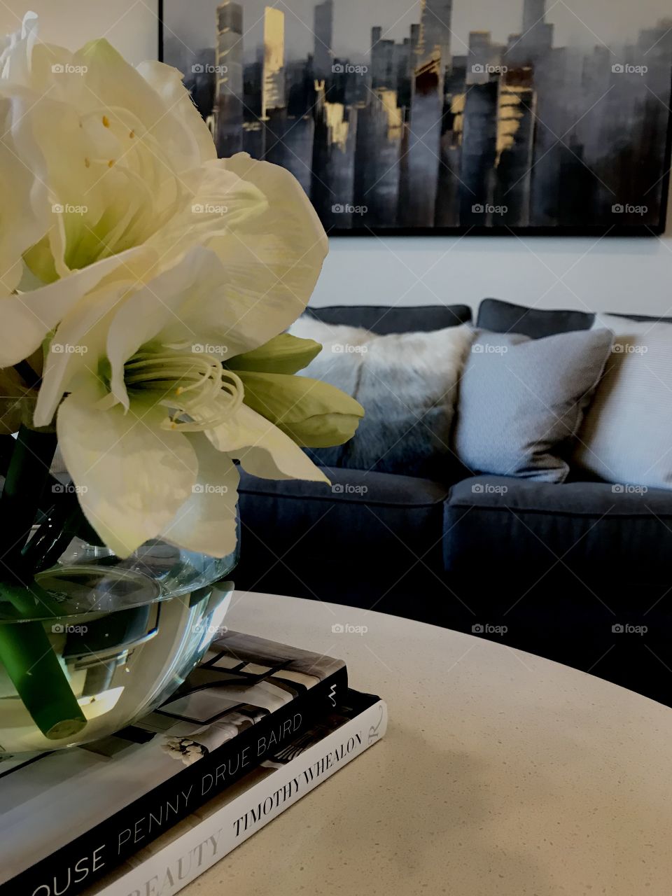 Cozy living room with spring flowers 