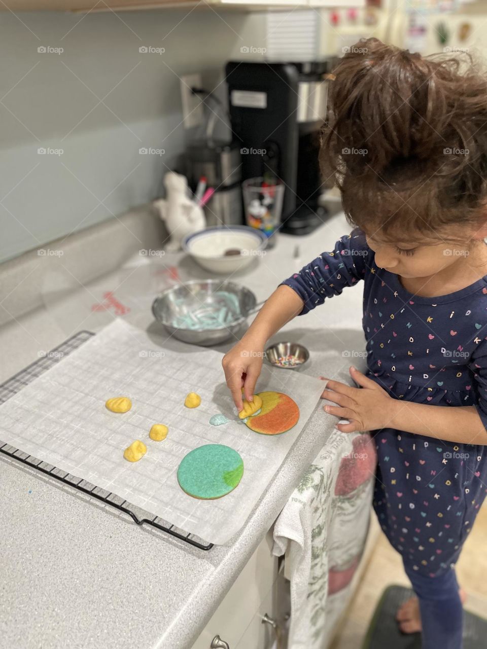 Baking with children, making unicorn sugar cookies with kids, baking rainbow sugar cookies, children helps mommy in the kitchen, baking at home 