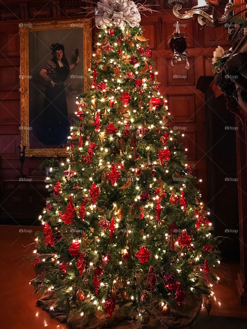 Soft glow of Christmas tree in Biltmore House 