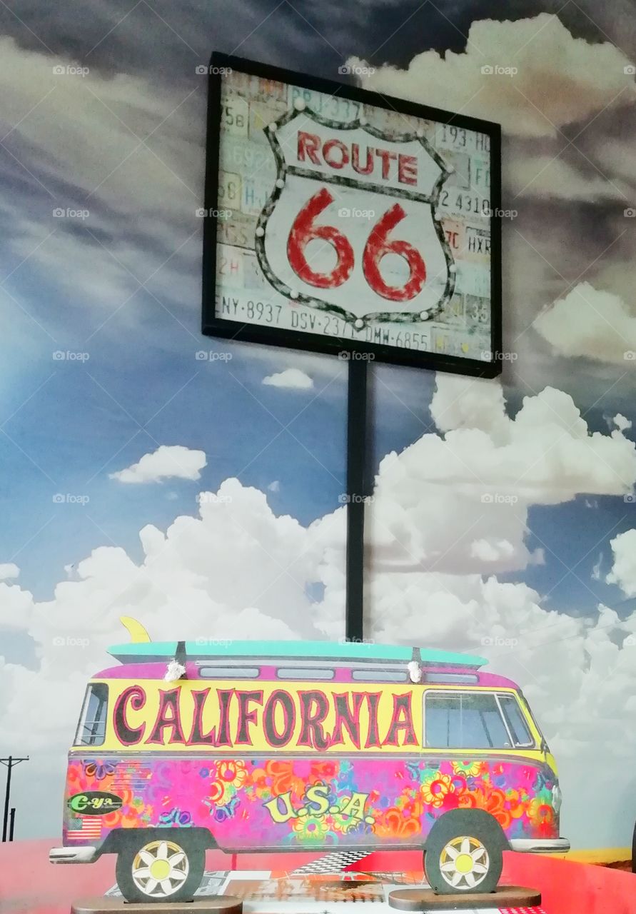 California. Route 66. Campervan. symbol, vacation, wagon, icon, isolated, interstate, summer, vehicle, automobile, car, design, vector, poster, green, retro, hippie, transport, pacific, transportation, classic, beach, illustration, travel, 66, peace,