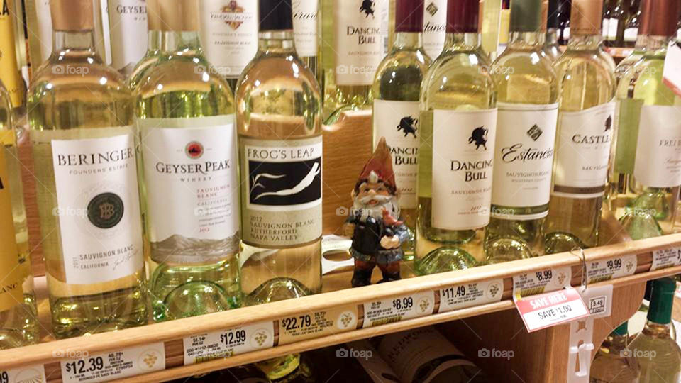 Gnome visits liquor store. Gnome checking out the different varieties of white wine at the local liquor store