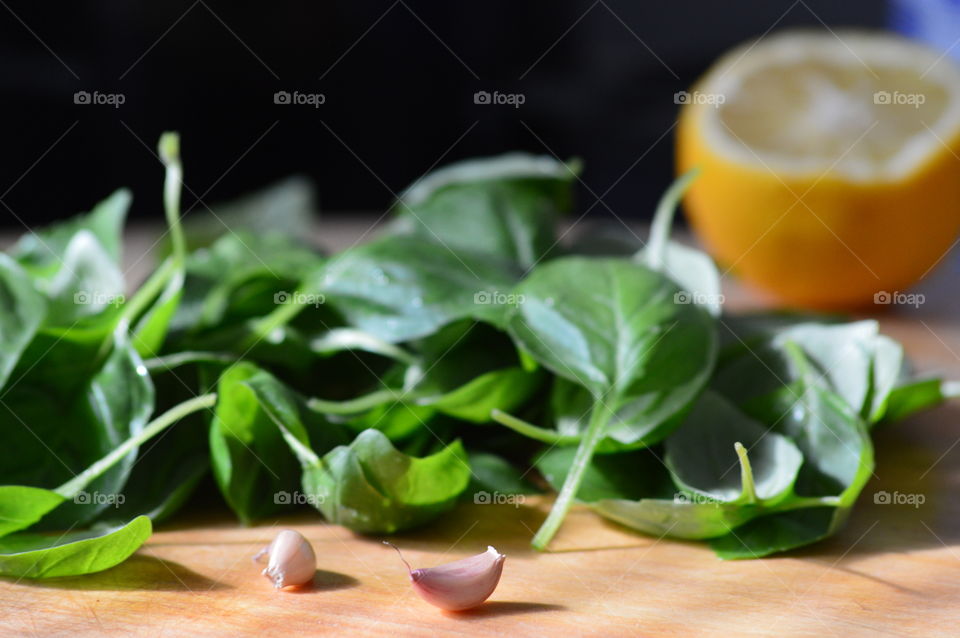 Ingredients for a delicious dinner of salmon and spinach