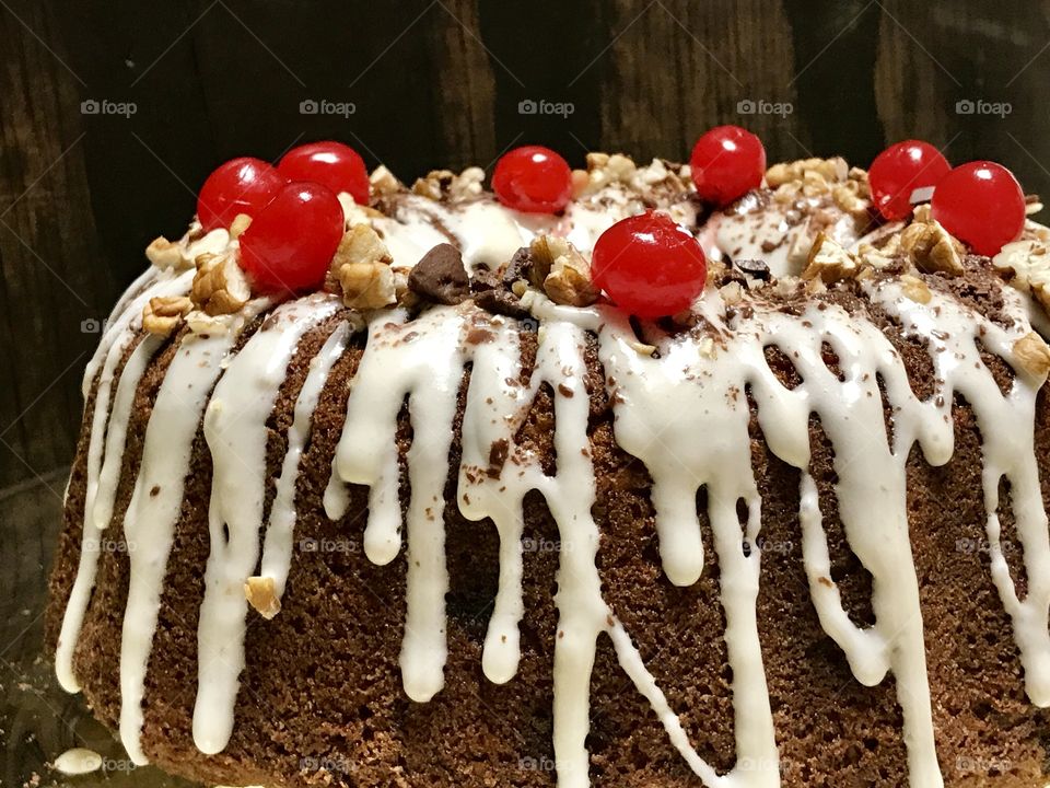 Bundt cake with nuts and cherries 