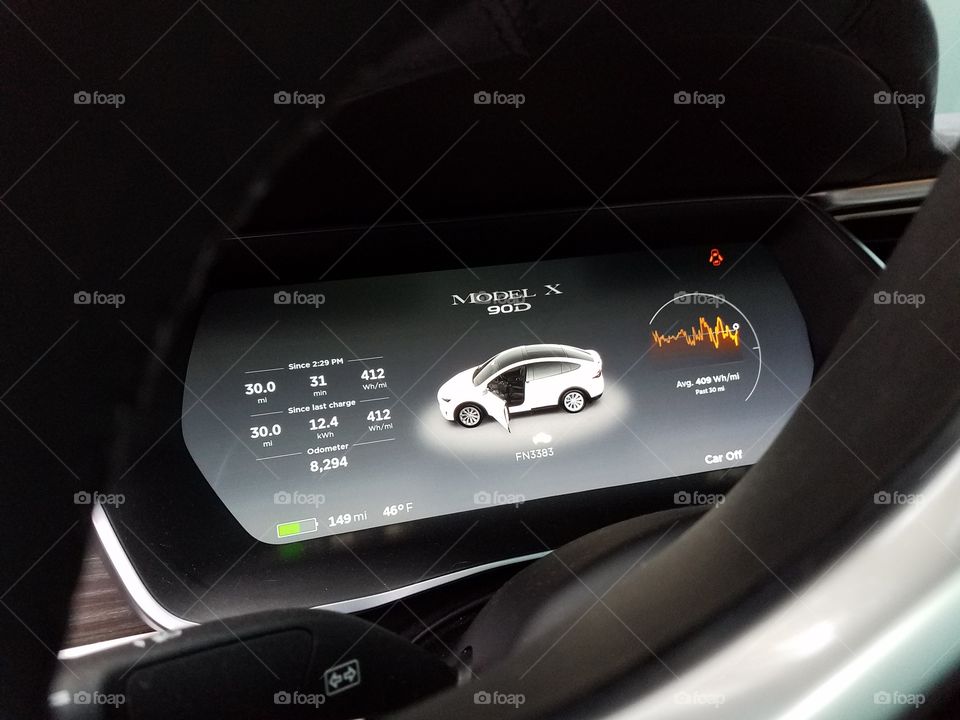 Tesla dashboard looking through drivers window.