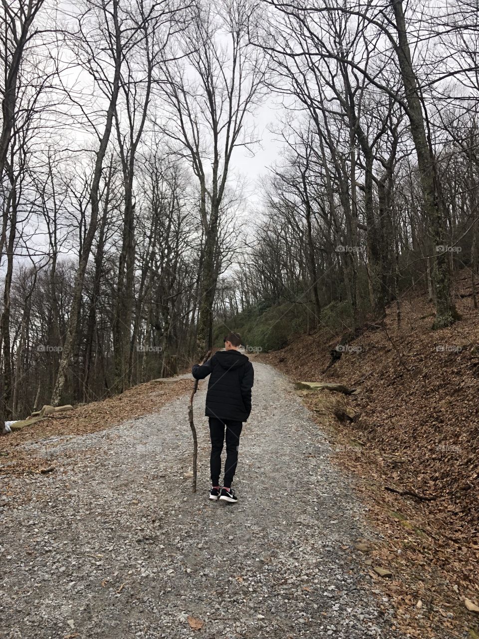 Boy hiking in the mountains during fall/autumn with stick