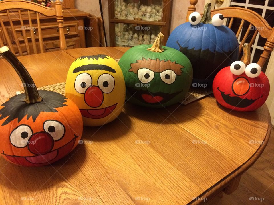 Sesame Street characters painted pumpkins