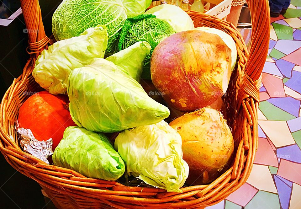 Wicker basket of winter vegetables
