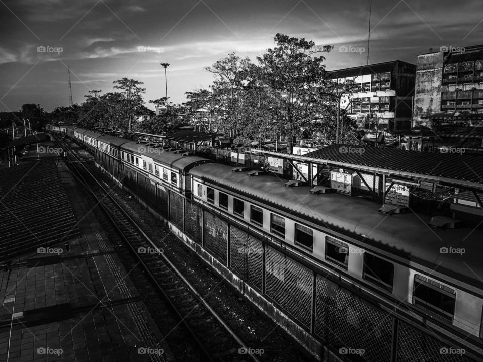 State Railway of Thailand passenger train on a platform at Surat Thani Railway Station, southern Thailand