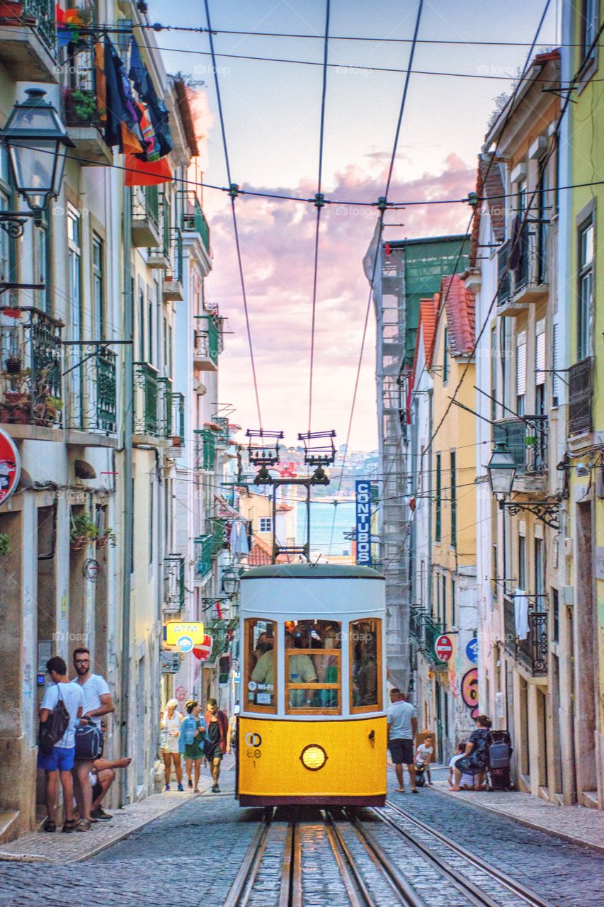 yellow tramway in the city of lisbon