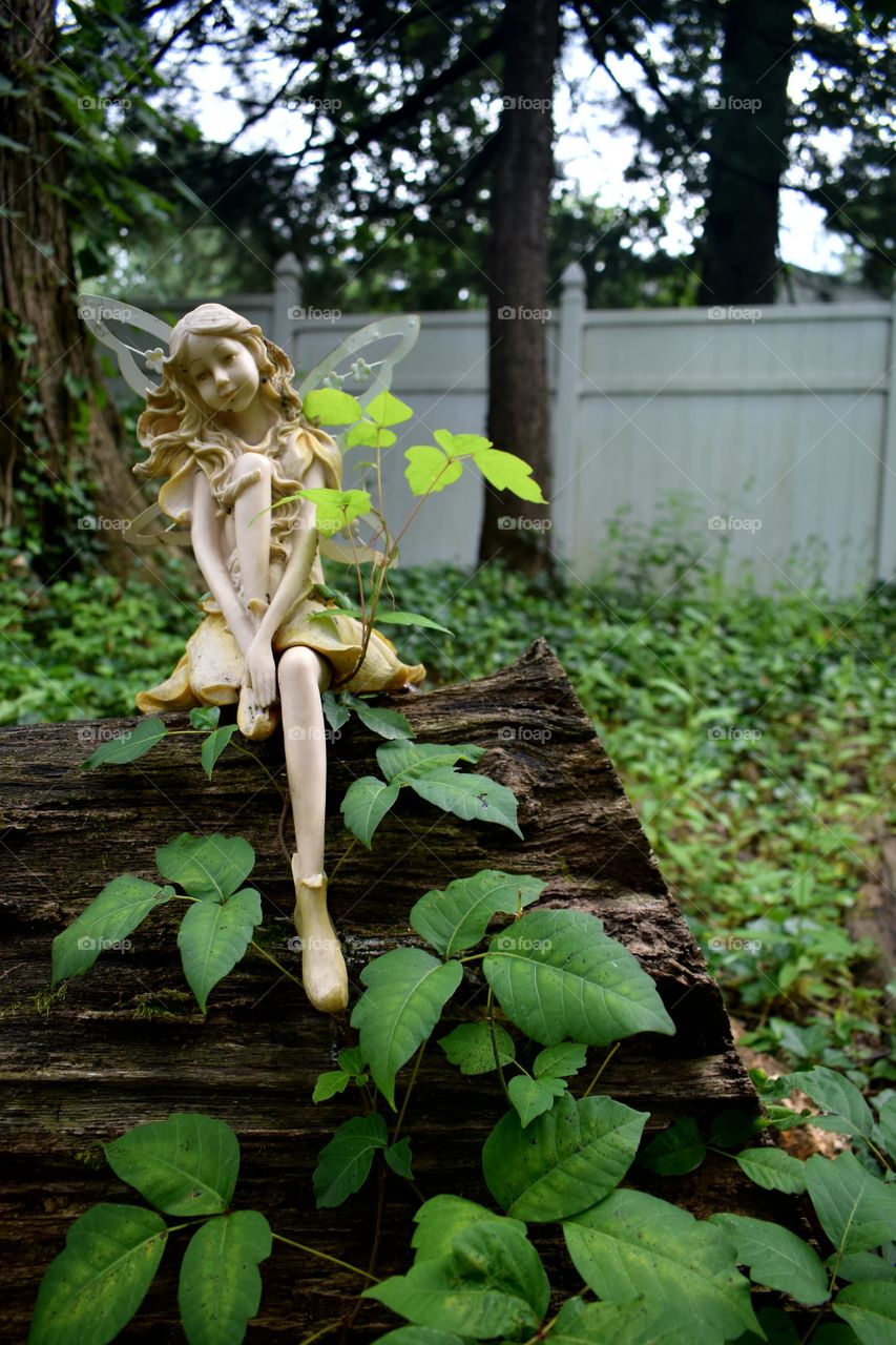 A fairy figurine that is about 10 inches in length in real life, nicely perched up with some poison ivy.