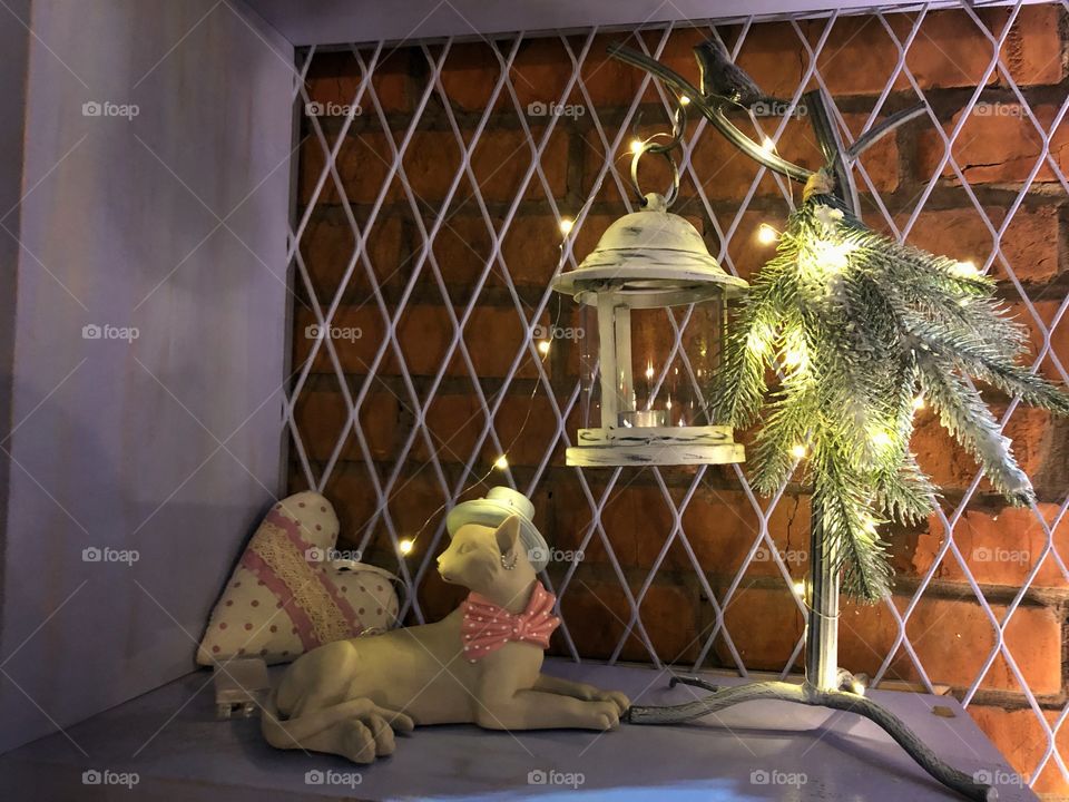 Winter design decorations with cat, lamp, tree and lamps 