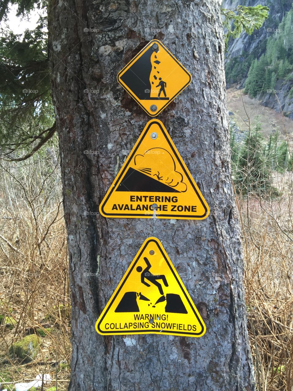 Warning . Warning signs on popular hiking trail