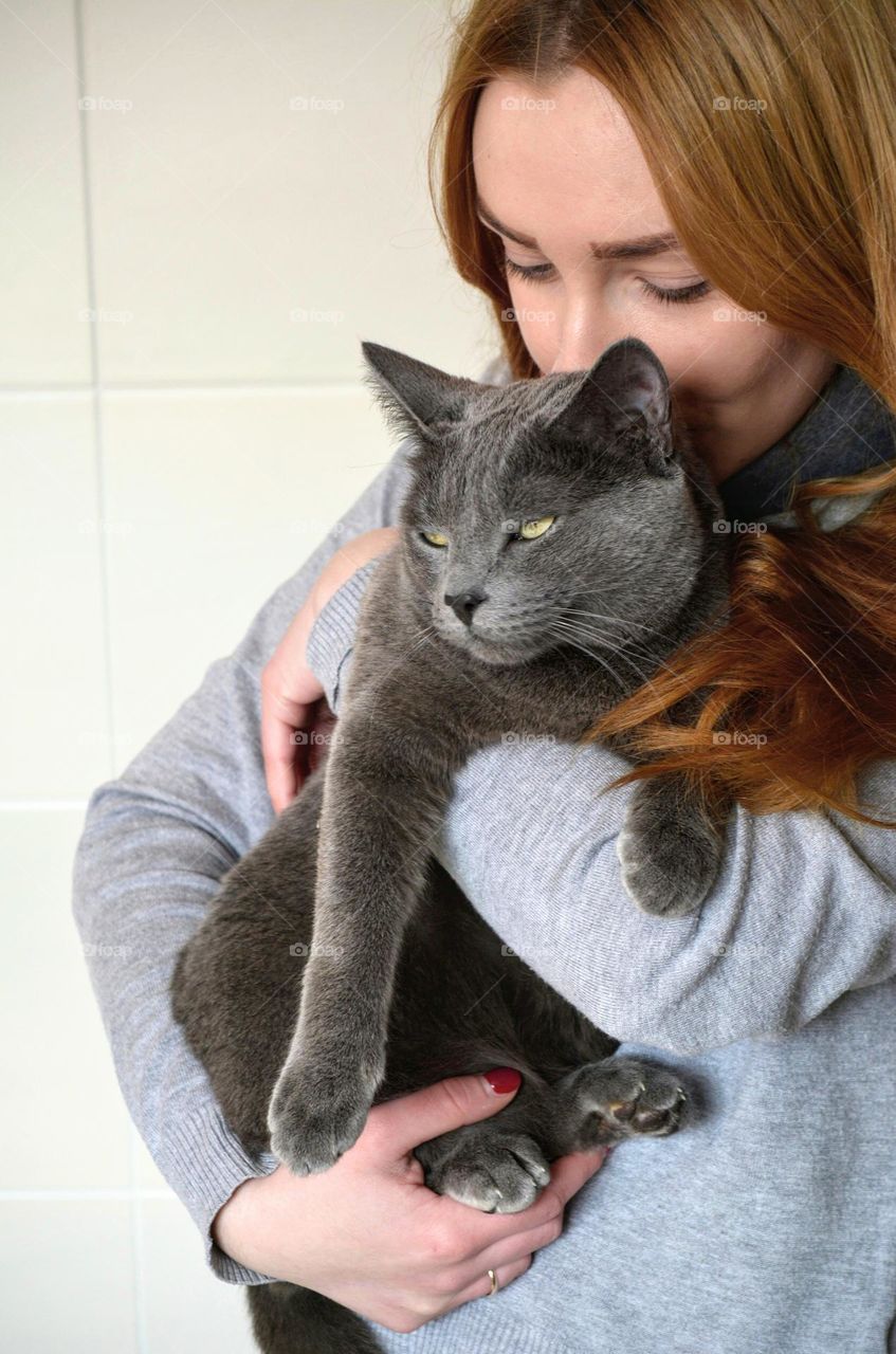 girl with cat pet love, happiness