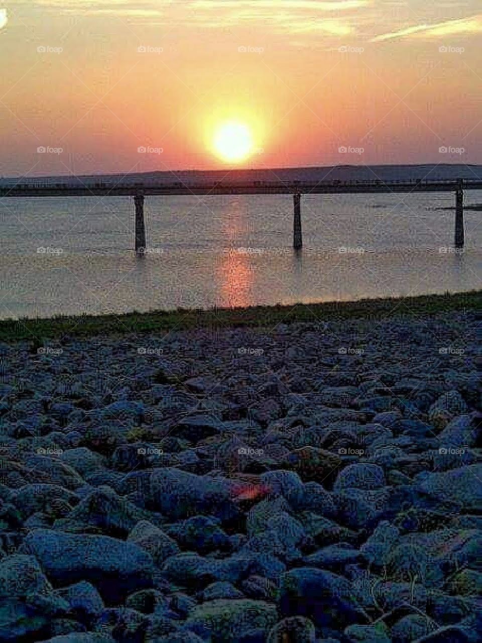 Sunset, lake, rocks, pier