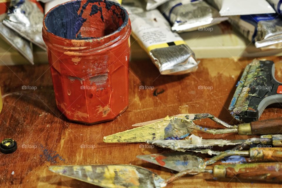 Closeup Of Painting Tools In An Art Studio