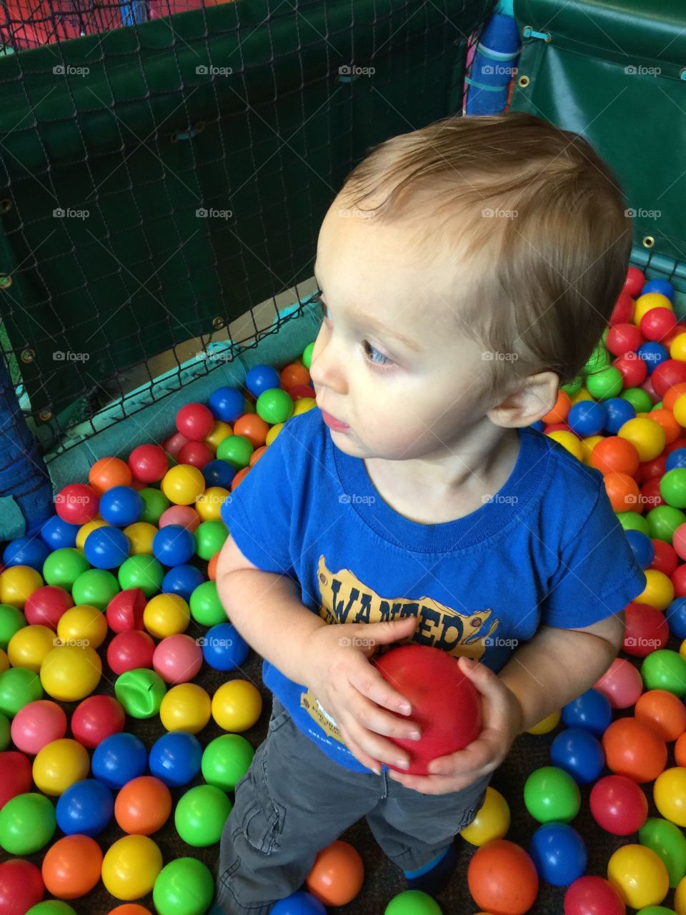 A toddler boy holds a red ball while playing in an indoor ball pit. 