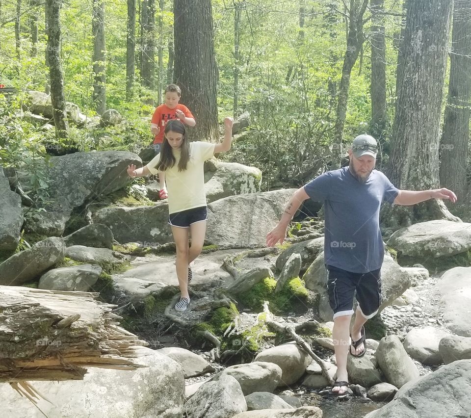 Every step taken, active family adventures of fun within wooded trails and rocky river of The Chimneys, Great Smoky Mountains National Park.